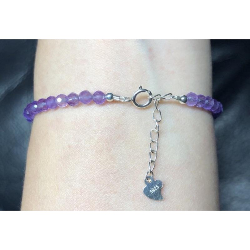 鑽切面 紫水晶 純銀圓珠 串珠手鍊/手環 B530-細節圖4