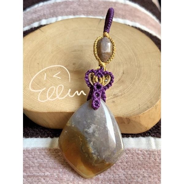 珊瑚玉 紫黃系冰透 蠟線編織墜飾/吊飾/吊墜/編繩/菊花石 共生 雙錐配珠 P22-細節圖2