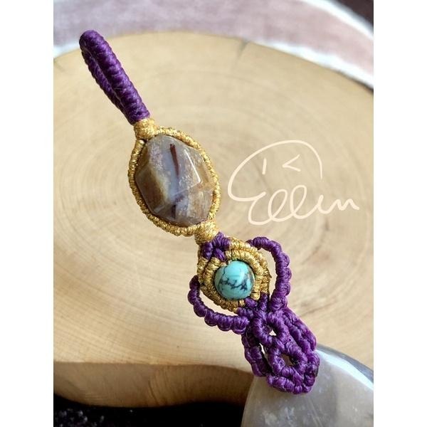 珊瑚玉 紫黃系冰透 蠟線編織墜飾/吊飾/吊墜/編繩/菊花石 共生 雙錐配珠 P22-細節圖3