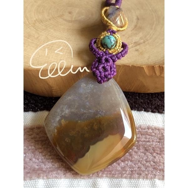 珊瑚玉 紫黃系冰透 蠟線編織墜飾/吊飾/吊墜/編繩/菊花石 共生 雙錐配珠 P22-細節圖4