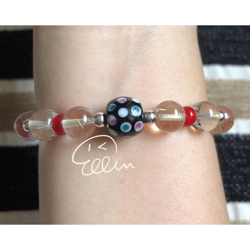 髮晶 琉璃珠 手串/手珠/手鍊/瑪瑙 紅琉璃 老琉璃 彈性線 B601-細節圖2