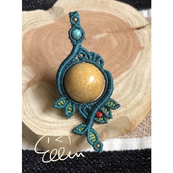 珊瑚玉 鵝黃小花 大圓珠 蠟線設計吊飾/墜飾/吊墜/編繩 菊花石 不含項鍊 P28-細節圖2