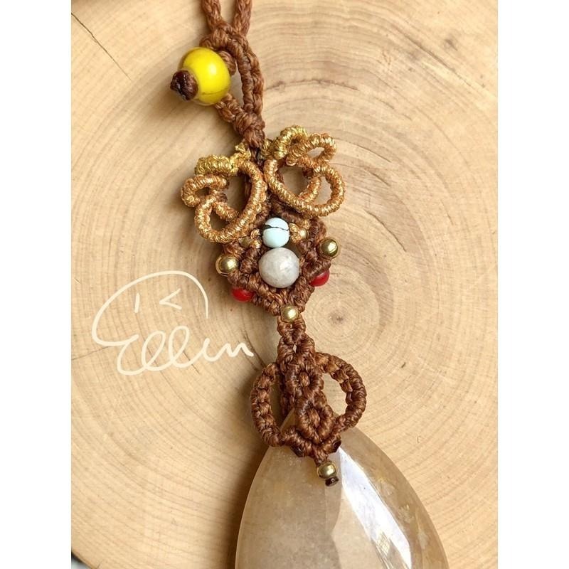 珊瑚玉水滴菱形吊墜 蠟線編織掛飾/包掛/掛件/編繩 G35-細節圖3