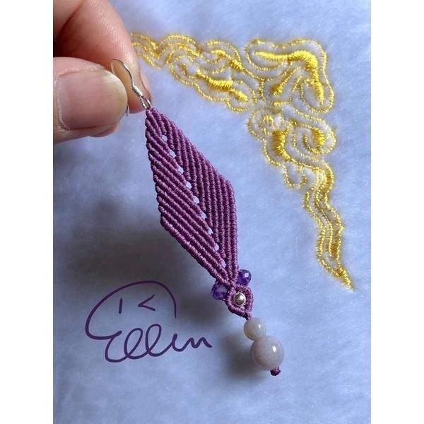 珊瑚玉珠 優雅紫色系 蠟線編織耳環/耳勾/耳鉤/耳墜/編繩/菊花石 925純銀 紫水晶 E02-細節圖2
