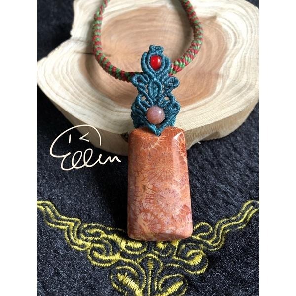 珊瑚玉 紅色顯花 大器蠟線設計吊飾/墜飾/吊墜/編繩 菊花石 不含項鍊 P30-細節圖3