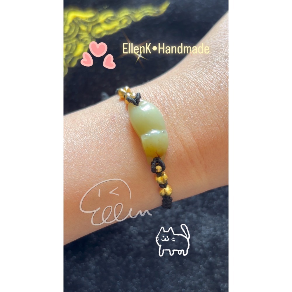 岫玉 可愛趴趴貓配飾 黑色系蠟線編織手繩/手鍊/編繩/扣式 可微調整長度 單尾伸縮 B412-細節圖3