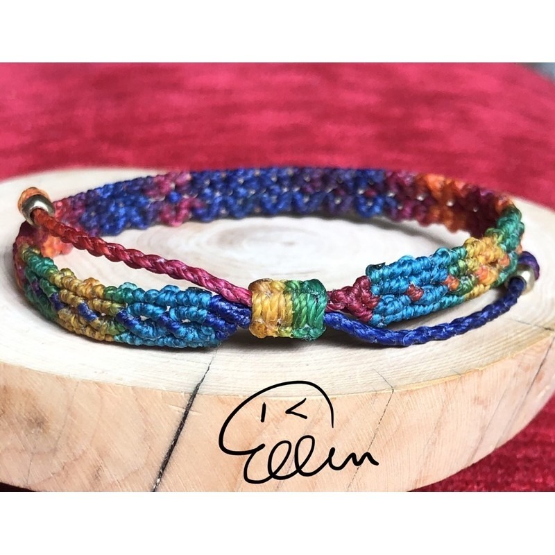 鮮豔多彩 段染蠟線編織手鍊/蠟線手環/手繩 對色 雙尾伸縮 B087-細節圖2