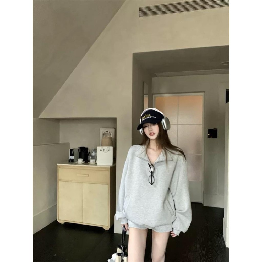 【 ♡ Pink room♡ 】慵懶風灰色翻領拉鍊長袖衛衣女秋冬顯瘦休閒褲短褲兩件套-細節圖7