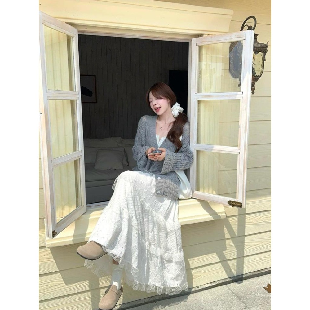 【 ♡ Pink room♡ 】甜美套裝寬松V領針織開衫女秋冬高腰蕾絲邊半身裙兩件套-細節圖3