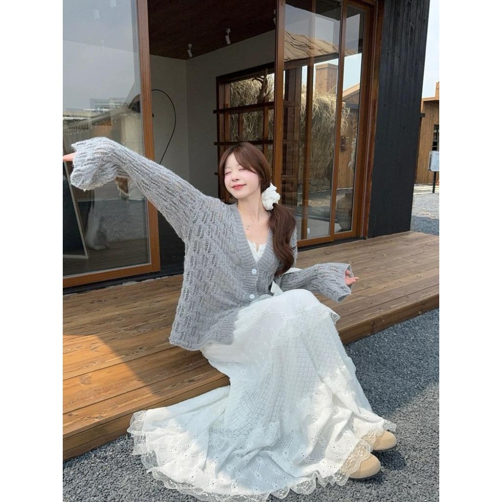 【 ♡ Pink room♡ 】甜美套裝寬松V領針織開衫女秋冬高腰蕾絲邊半身裙兩件套-細節圖4