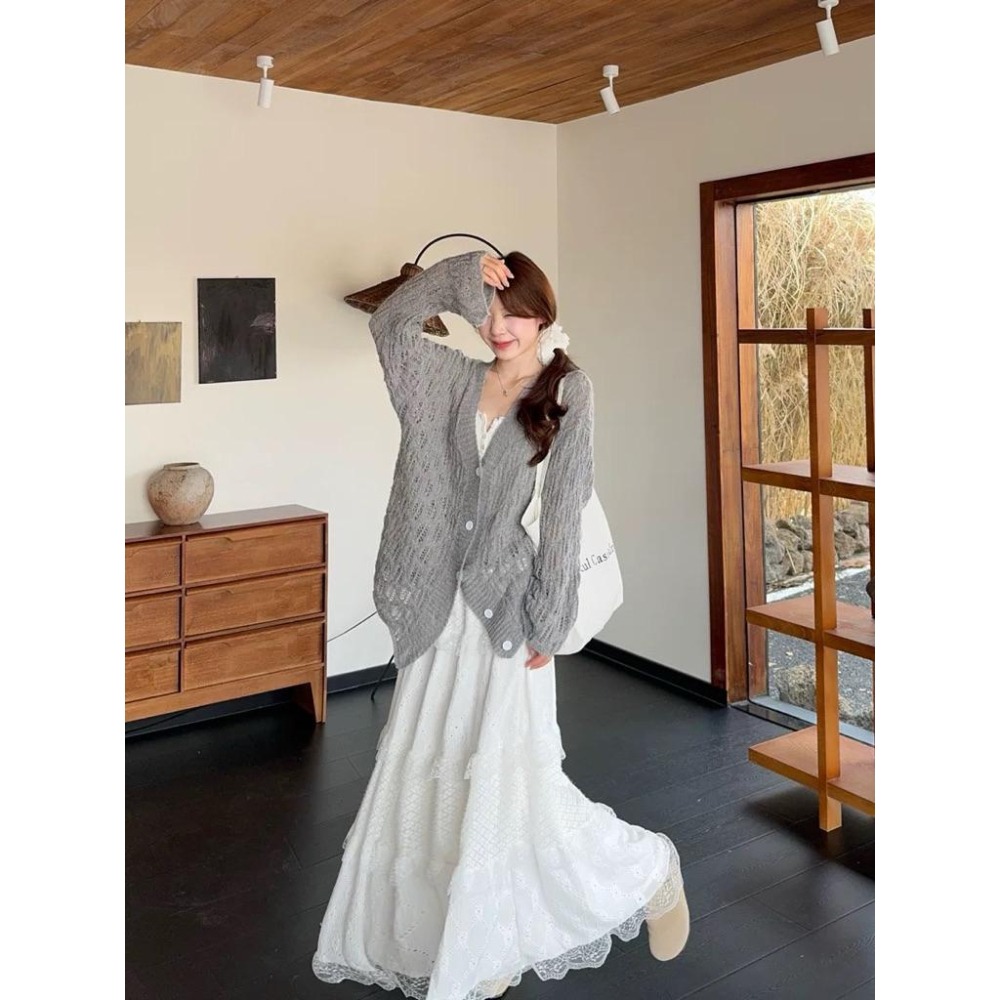 【 ♡ Pink room♡ 】甜美套裝寬松V領針織開衫女秋冬高腰蕾絲邊半身裙兩件套-細節圖5