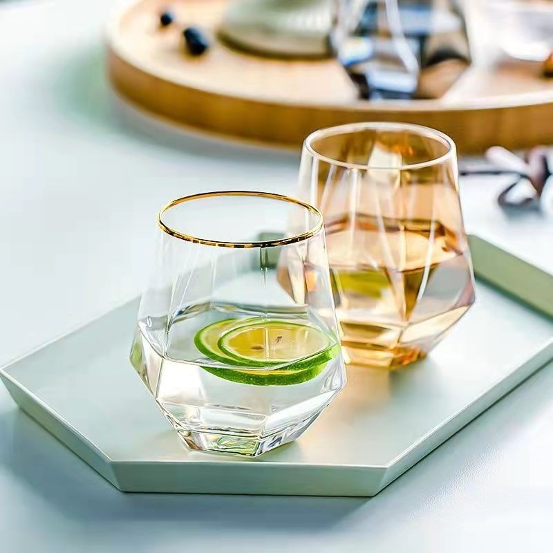 【生活市集】24H現貨 北歐鑽石杯 威士忌杯 玻璃杯 杯子 冷飲杯 酒杯 啤酒杯 果汁杯 杯子六角杯紅酒杯六棱玻璃杯-細節圖8