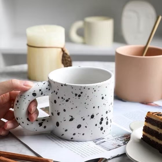【生活市集】 不規則馬克杯 咖啡杯馬克杯子 大耳杯不規則杯潑墨杯格紋杯黑白格杯墨點杯杯陶瓷-細節圖2