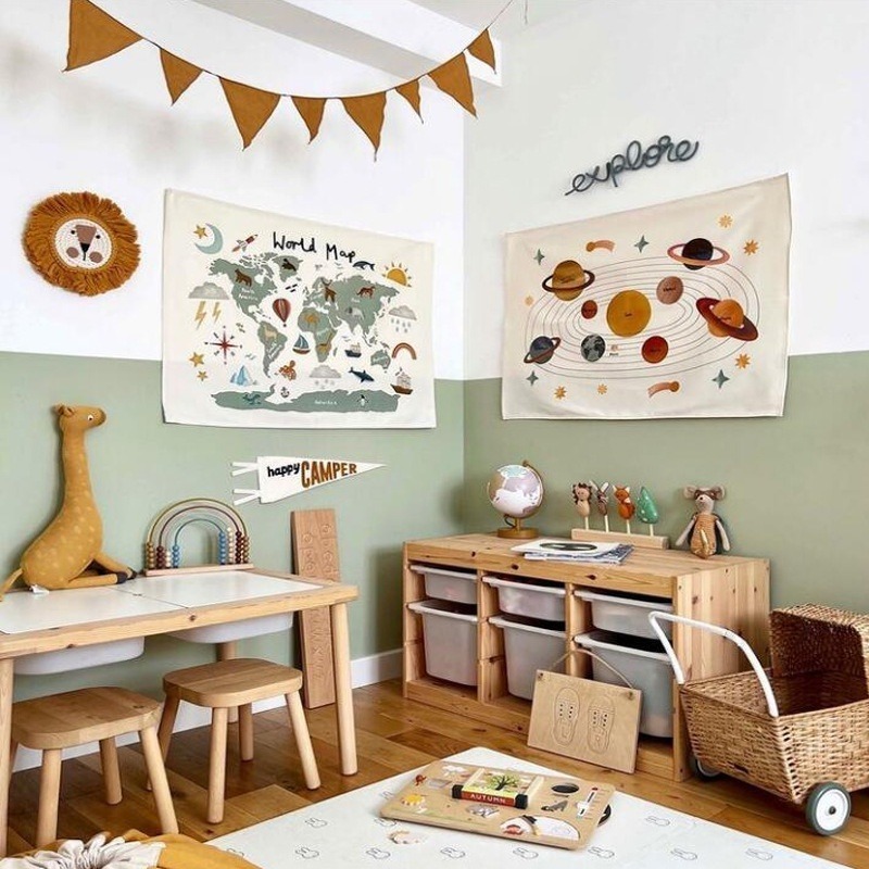 【生活市集】附掛鉤 棉麻世界地圖掛布 彩色世界地圖 掛飾 掛毯 兒童房裝飾可愛佈置背景布牆壁裝飾掛飾桌布露營-細節圖4