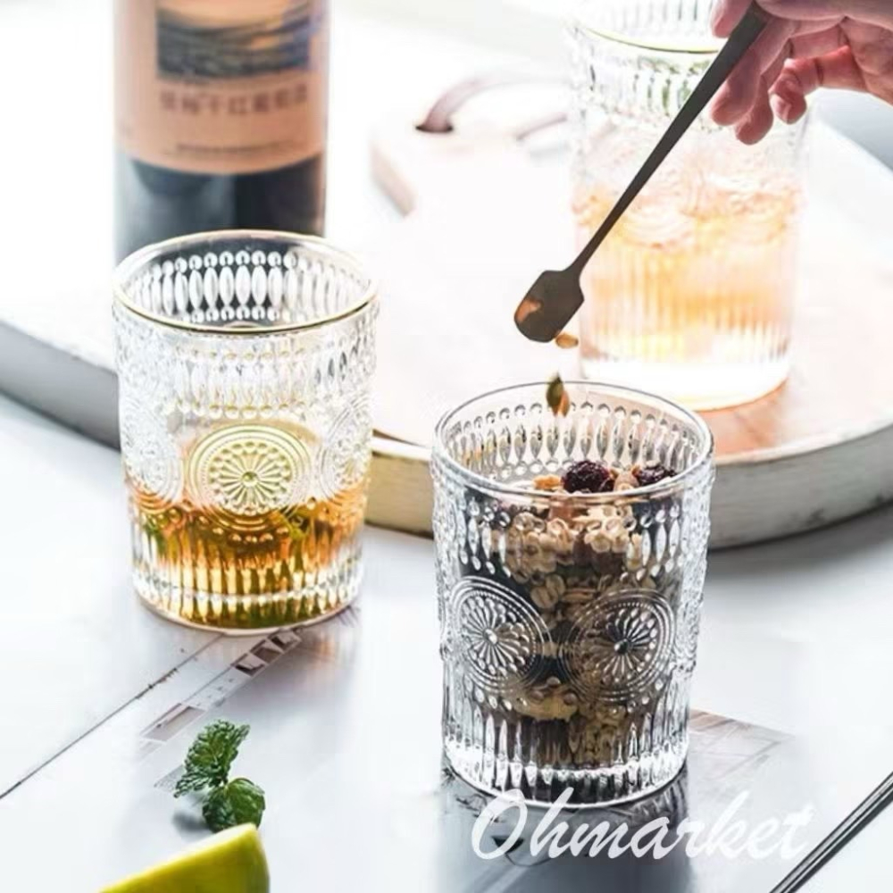 【生活市集】 太陽花玻璃杯 浮雕玻璃杯 玻璃杯 杯子 早餐杯 牛奶杯 金邊玻璃杯 下午茶水杯茶杯佈置-細節圖2