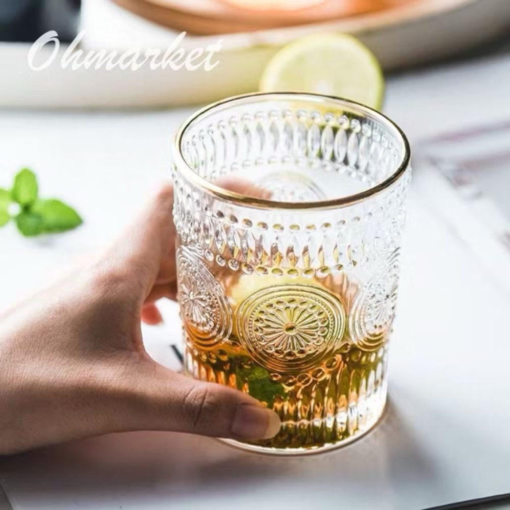 【生活市集】 太陽花玻璃杯 浮雕玻璃杯 玻璃杯 杯子 早餐杯 牛奶杯 金邊玻璃杯 下午茶水杯茶杯佈置-細節圖3