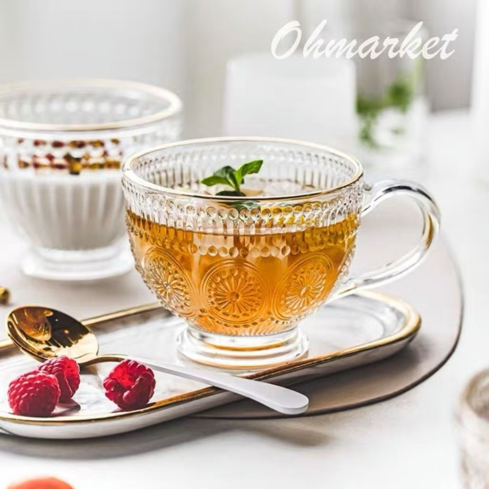 【生活市集】 太陽花玻璃杯 浮雕玻璃杯 玻璃杯 杯子 早餐杯 牛奶杯 金邊玻璃杯 下午茶水杯茶杯佈置-細節圖6