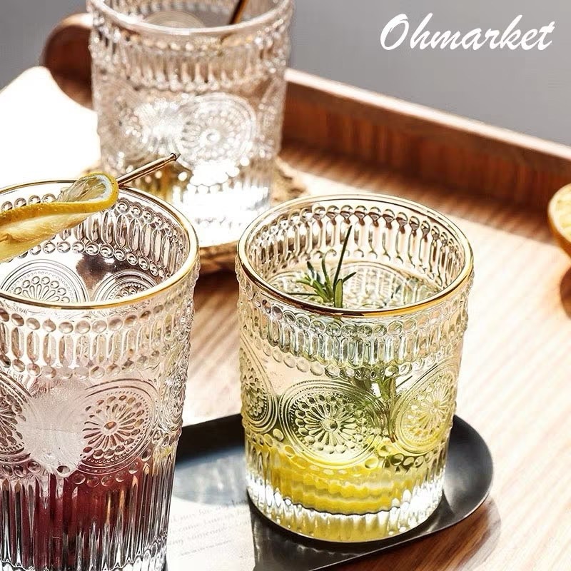 【生活市集】 太陽花玻璃杯 浮雕玻璃杯 玻璃杯 杯子 早餐杯 牛奶杯 金邊玻璃杯 下午茶水杯茶杯佈置-細節圖9