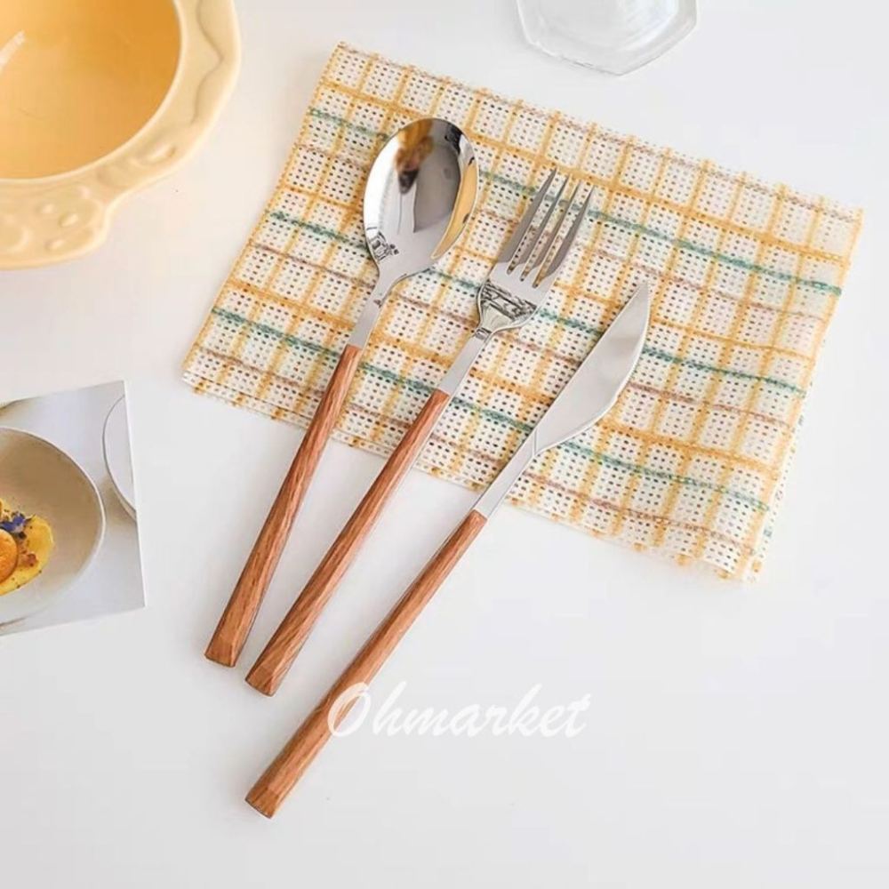 【生活市集】 韓系仿木柄西餐餐具 不鏽鋼餐具 不鏽鋼長柄餐具 西餐刀 刀叉 環保 餐具筷子湯匙牛排刀西餐餐具-細節圖5