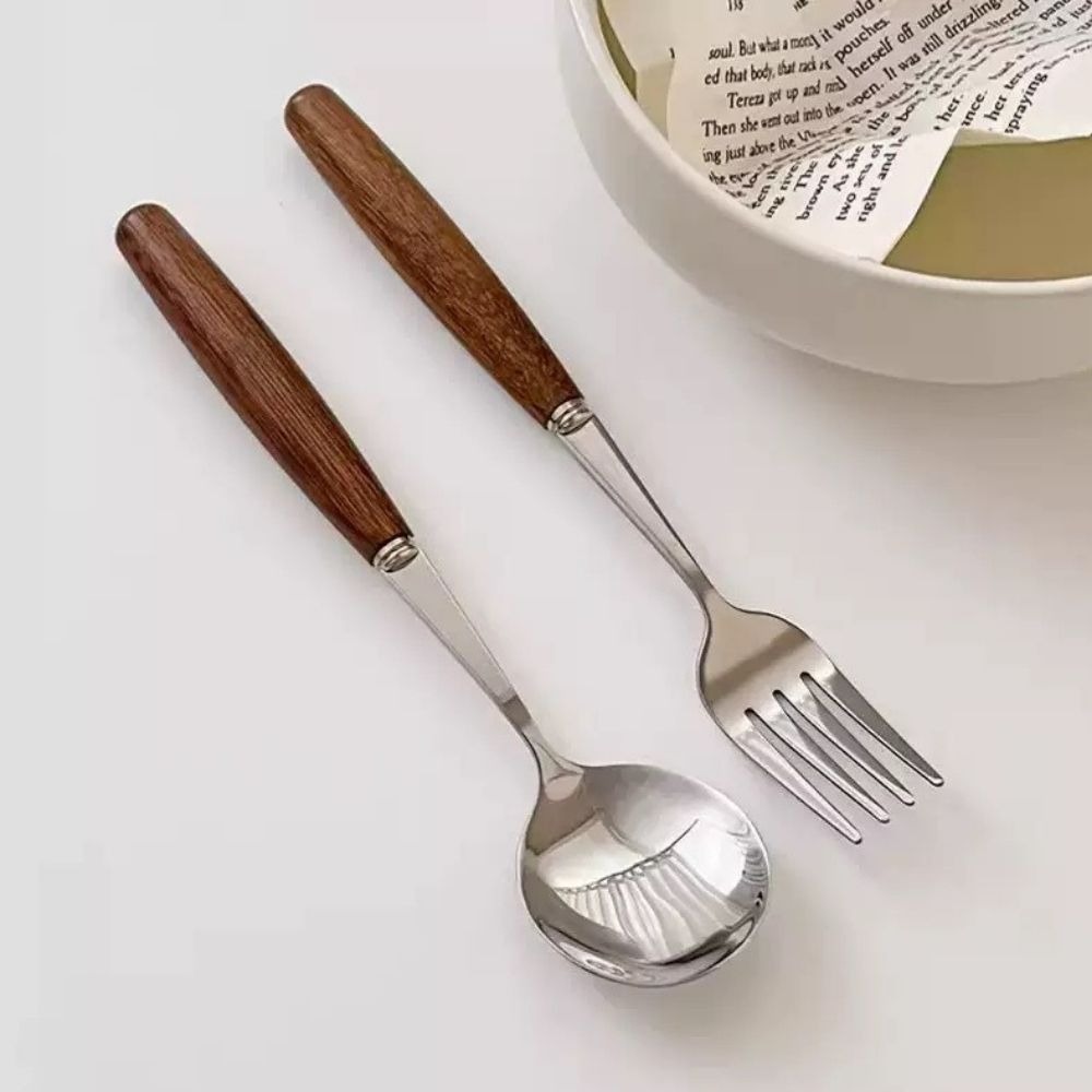 【生活市集】 韓系不銹鋼西餐餐具 不鏽鋼餐具 木柄餐具 木柄西餐叉 不銹鋼勺 西餐勺燭光晚餐餐具筷子湯匙牛排刀-細節圖4