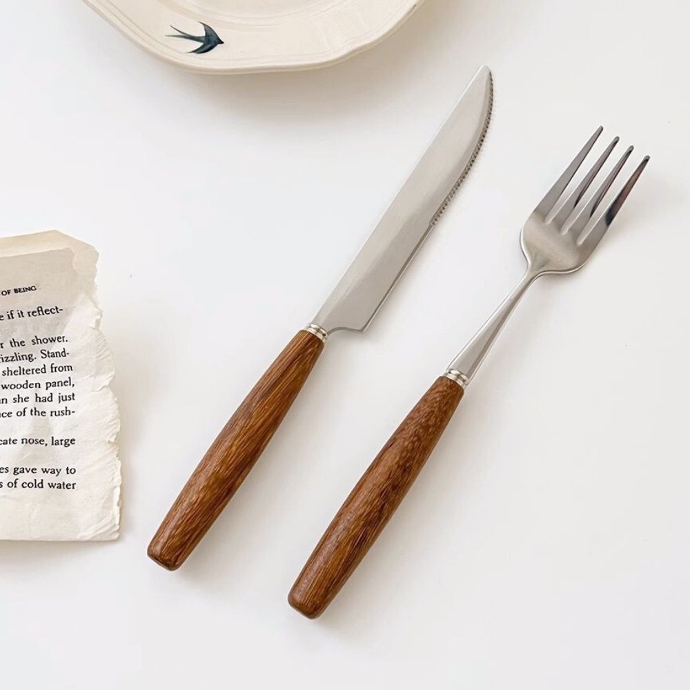 【生活市集】 韓系不銹鋼西餐餐具 不鏽鋼餐具 木柄餐具 木柄西餐叉 不銹鋼勺 西餐勺燭光晚餐餐具筷子湯匙牛排刀-細節圖5
