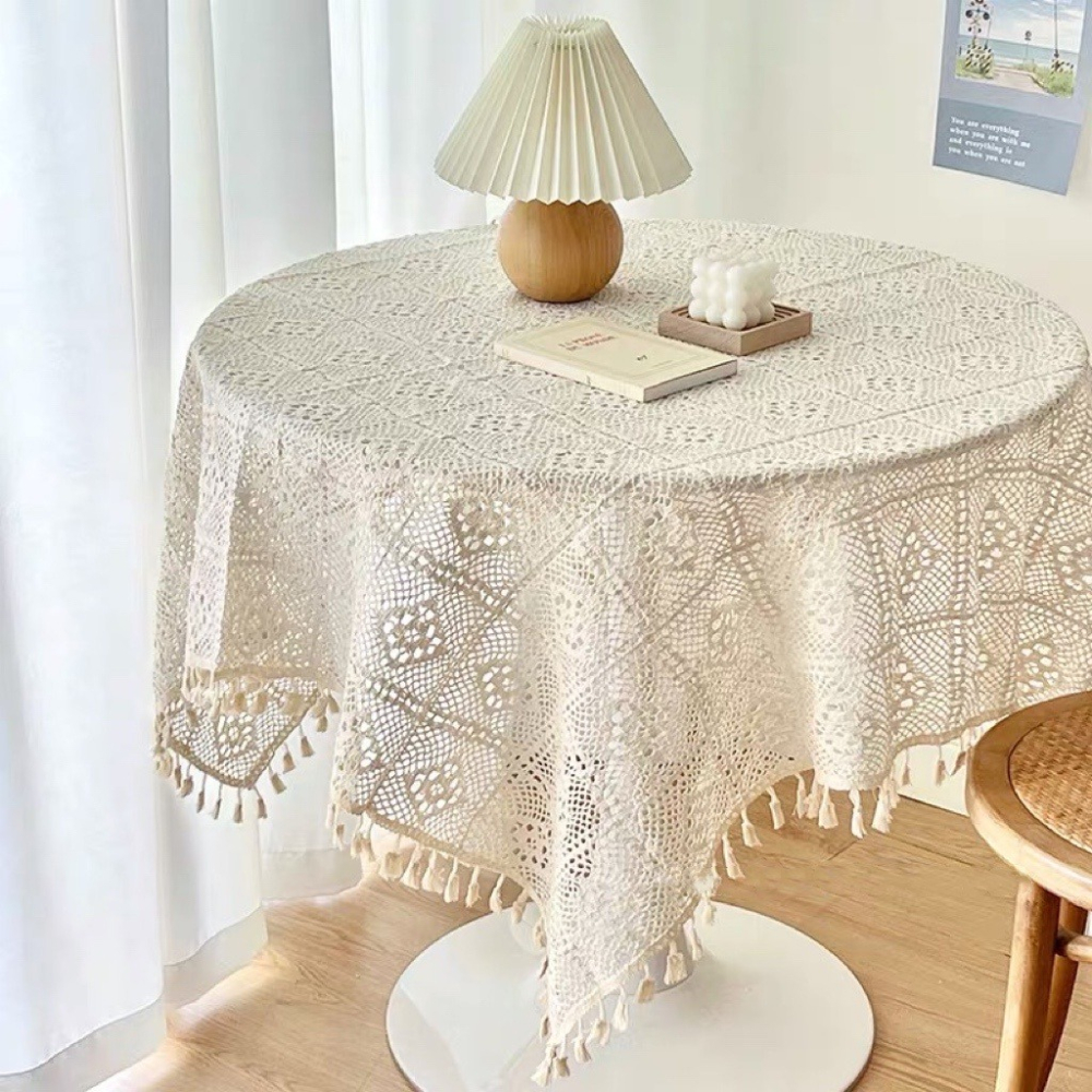 【生活市集】 流蘇編織鏤空桌巾 編織桌巾 鏤空蕾絲桌布 桌布桌巾民宿咖啡廳佈置茶几編織蓋巾鏤空巾拍照佈置-細節圖2