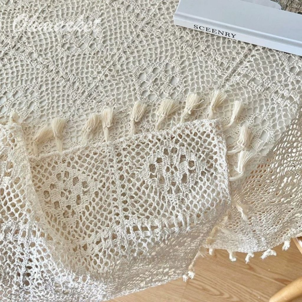 【生活市集】 流蘇編織鏤空桌巾 編織桌巾 鏤空蕾絲桌布 桌布桌巾民宿咖啡廳佈置茶几編織蓋巾鏤空巾拍照佈置-細節圖7