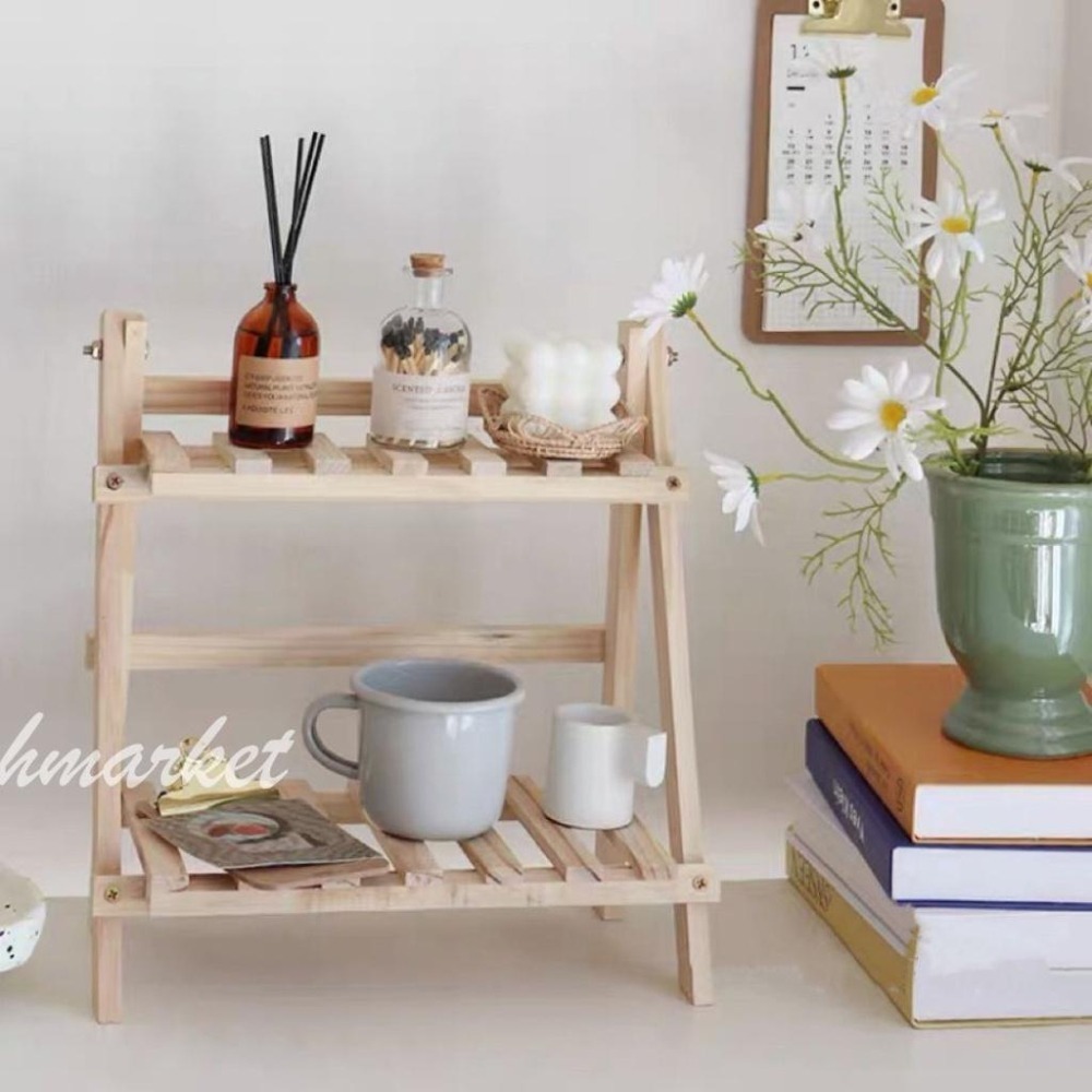 【生活市集】 木質桌面 收納架 梯形置物架  桌上 置物架 雙層 ins風簡約梯形增高架雜物收納宿舍書桌-細節圖2