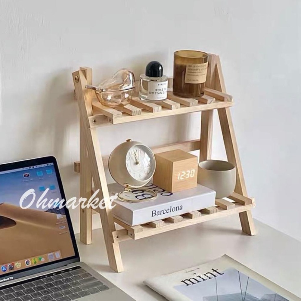 【生活市集】 木質桌面 收納架 梯形置物架  桌上 置物架 雙層 ins風簡約梯形增高架雜物收納宿舍書桌-細節圖3