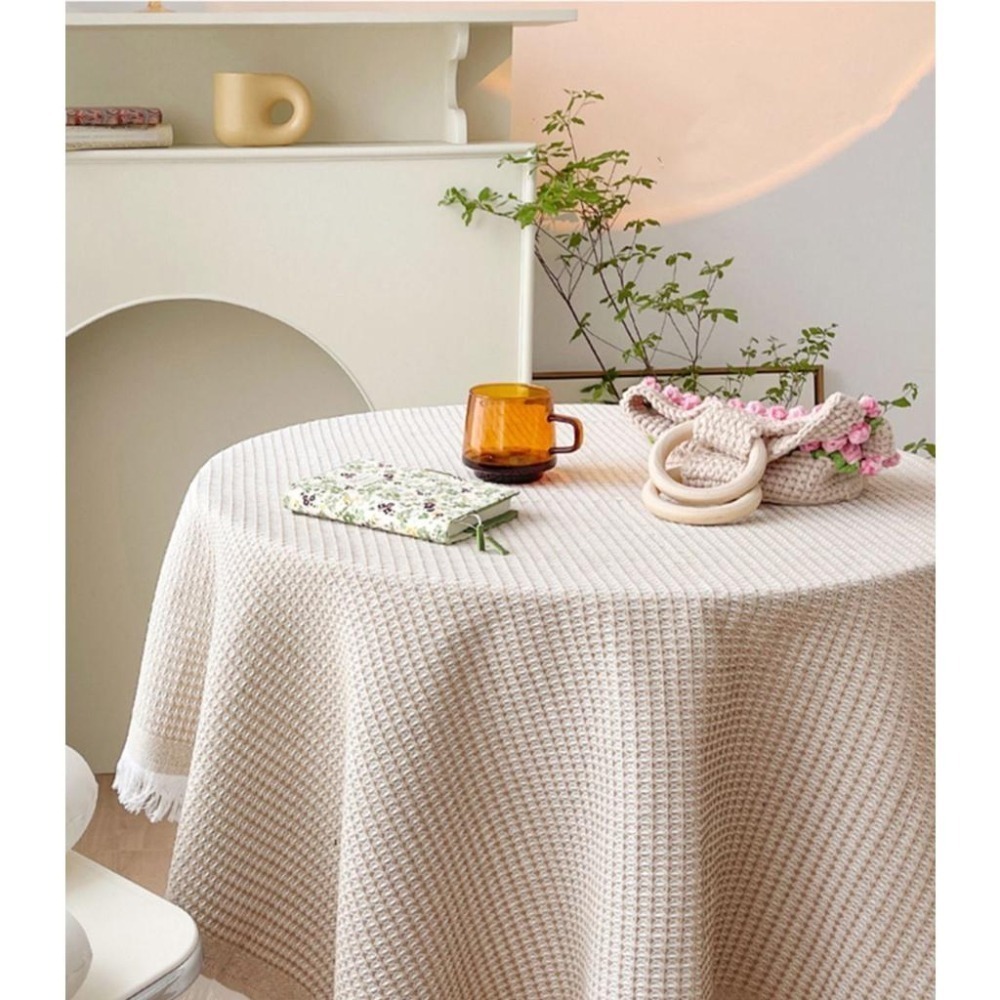 【生活市集】編織流蘇桌布 編織桌布 餐桌布 格子餐桌墊桌巾韓風背景布小清新可愛桌布 野餐墊奶茶色餐桌墊毛絨布-細節圖4