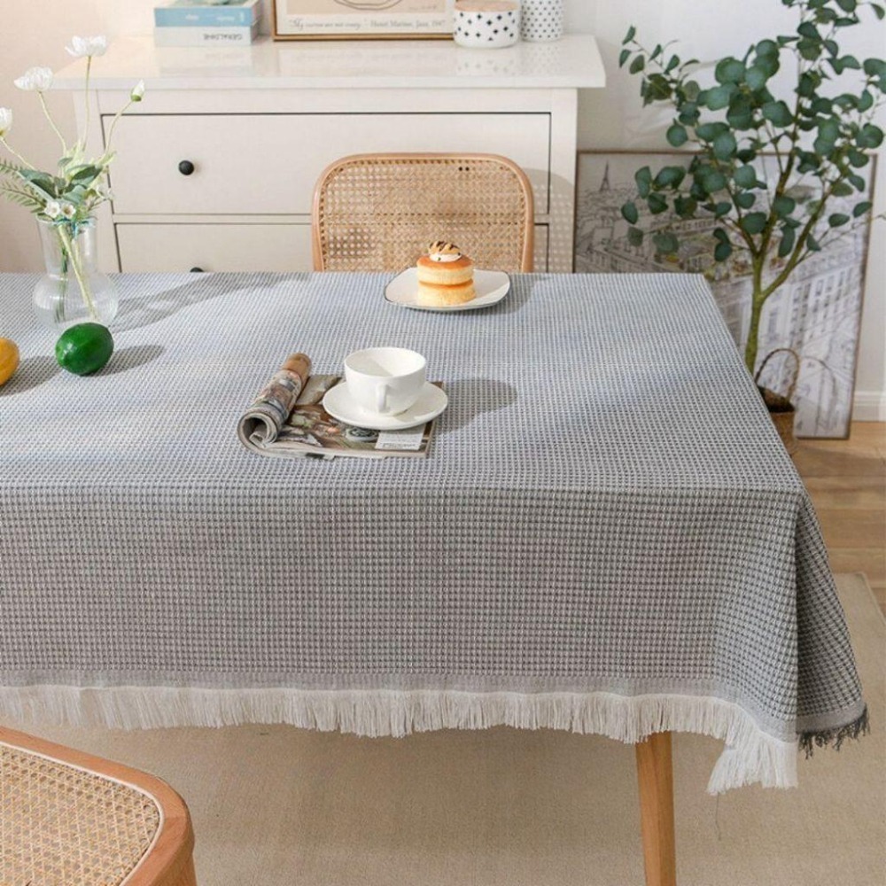 【生活市集】編織流蘇桌布 編織桌布 餐桌布 格子餐桌墊桌巾韓風背景布小清新可愛桌布 野餐墊奶茶色餐桌墊毛絨布-細節圖7