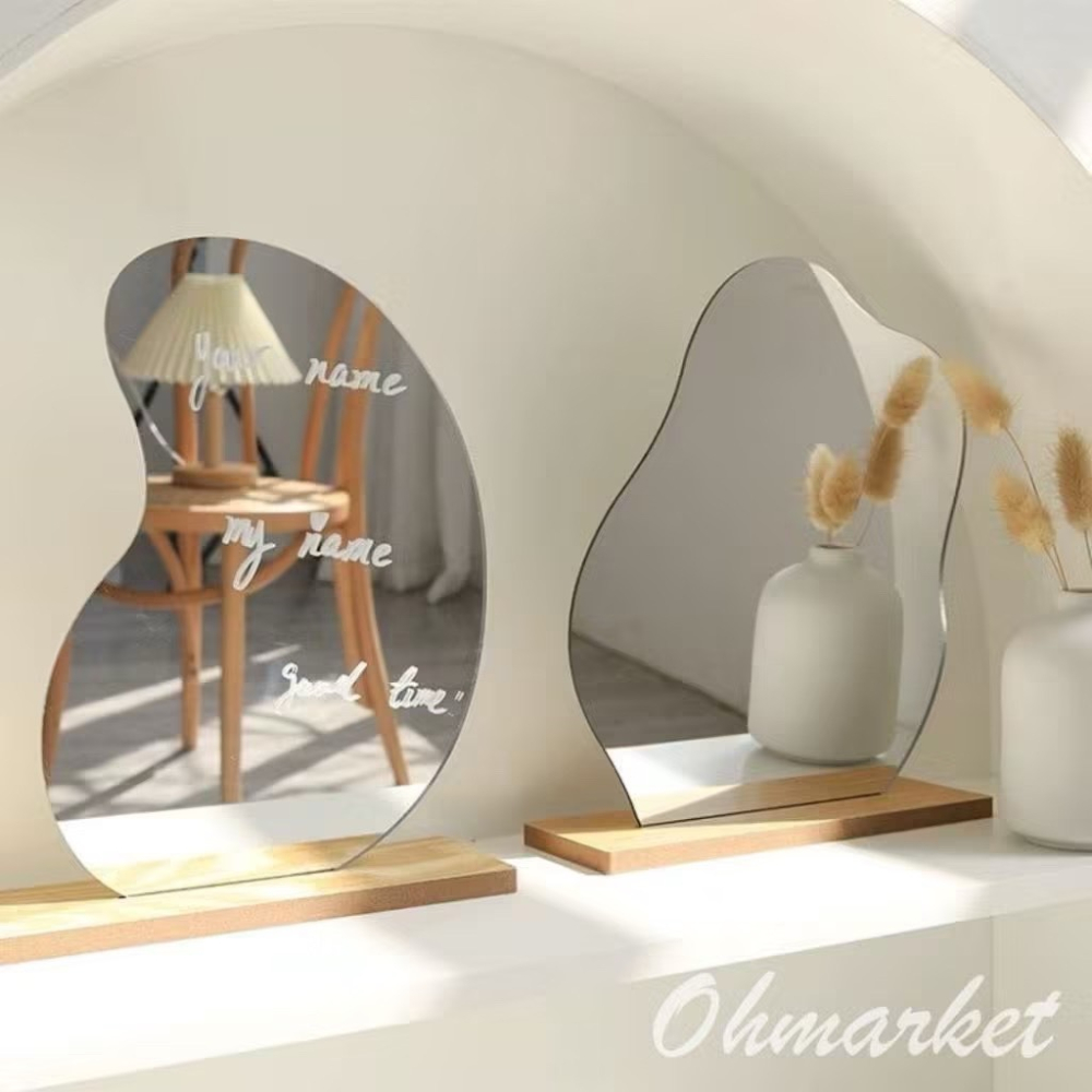 【生活市集】 韓系木質鏡子 不規則半月鏡 不規則鏡子 半月木質鏡 桌面化妝鏡居家裝飾鏡子木頭鏡子桌鏡擺飾化妝桌-細節圖2