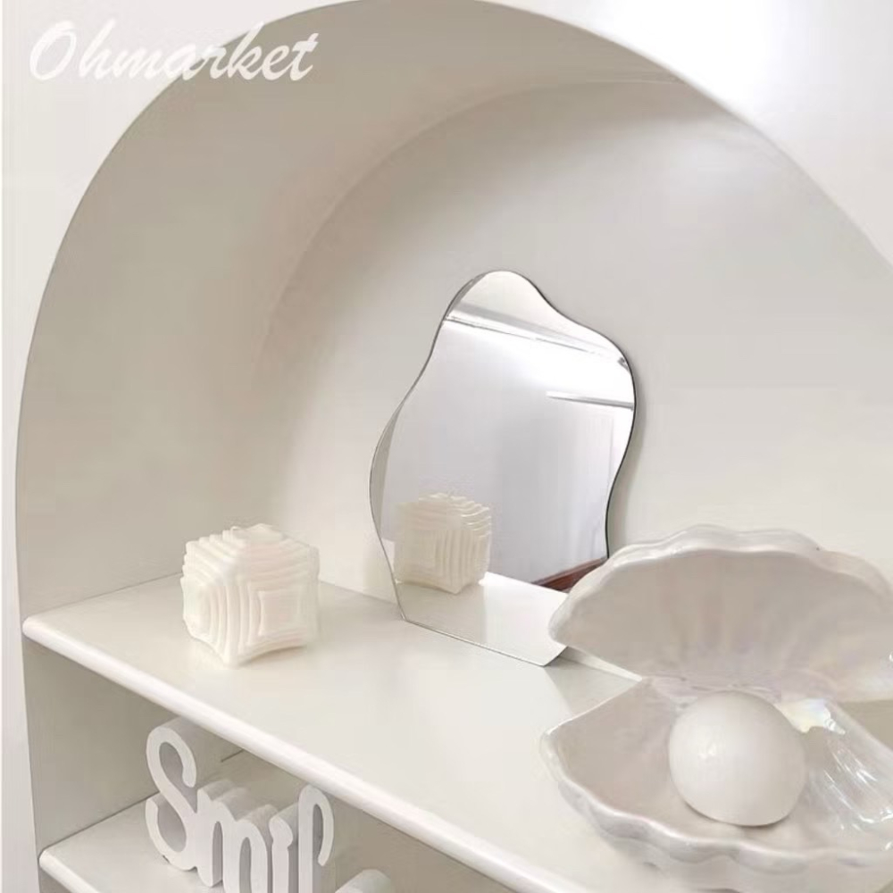 【生活市集】 韓系木質鏡子 不規則半月鏡 不規則鏡子 半月木質鏡 桌面化妝鏡居家裝飾鏡子木頭鏡子桌鏡擺飾化妝桌-細節圖3