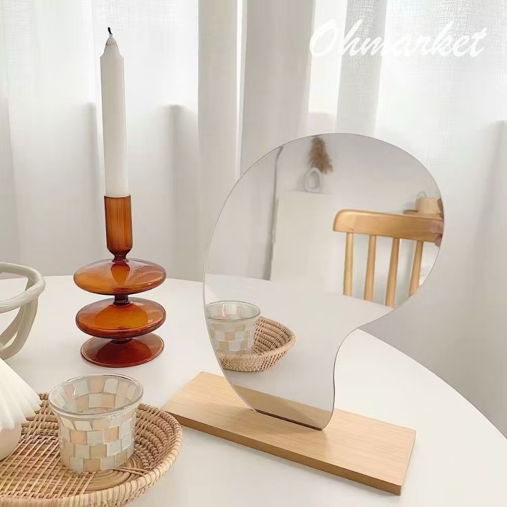 【生活市集】 韓系木質鏡子 不規則半月鏡 不規則鏡子 半月木質鏡 桌面化妝鏡居家裝飾鏡子木頭鏡子桌鏡擺飾化妝桌-細節圖4