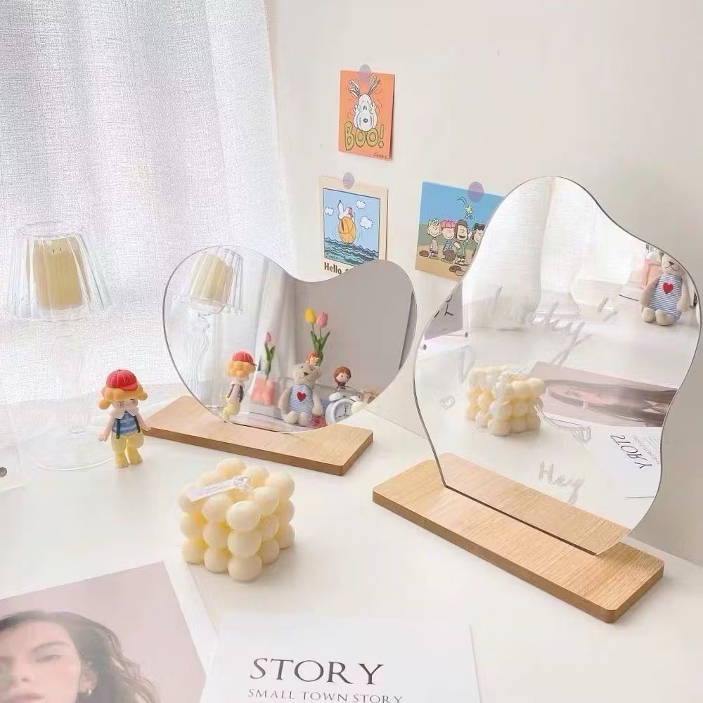 【生活市集】 韓系木質鏡子 不規則半月鏡 不規則鏡子 半月木質鏡 桌面化妝鏡居家裝飾鏡子木頭鏡子桌鏡擺飾化妝桌-細節圖8