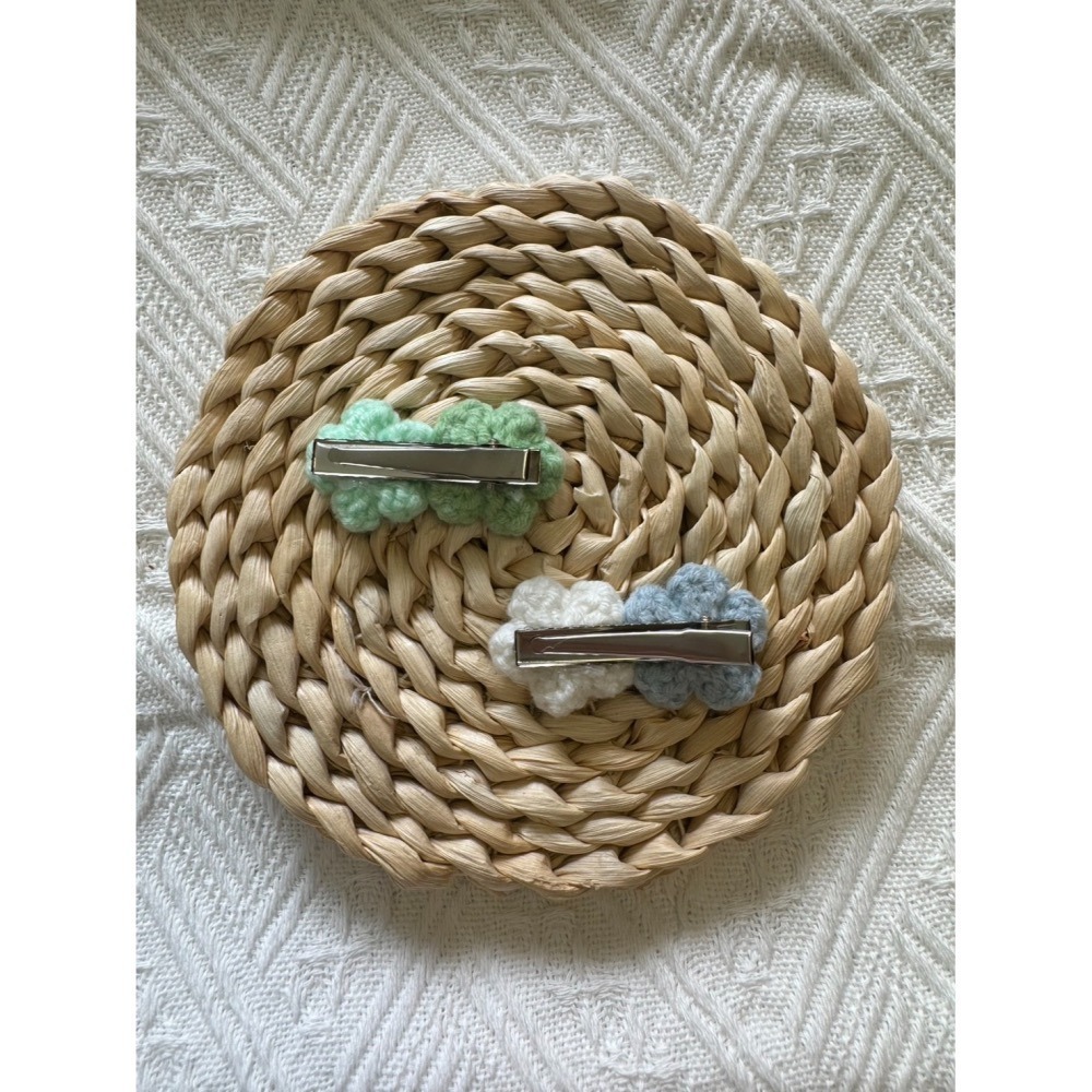 編織手作髮夾 小珍珠小花髮夾(兩朵) 毛線手作髮夾-細節圖3