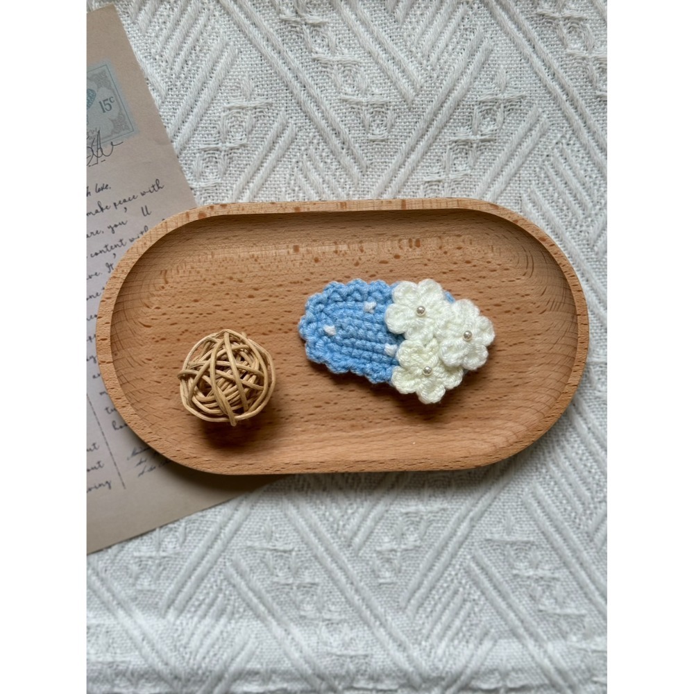 編織毛線髮夾 小花髮夾  小珍珠蝴蝶髮夾 毛線手作髮夾-規格圖3