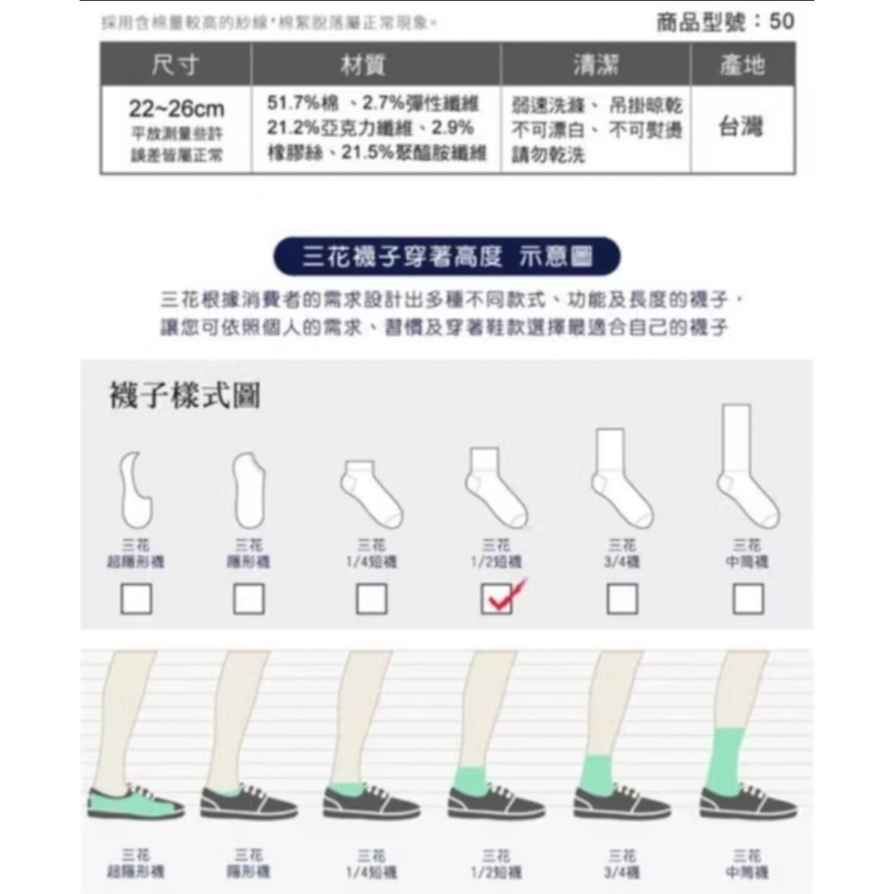 【三花SunFlower】【現貨】1/2男女適用休閒襪（22~26cm）-細節圖2