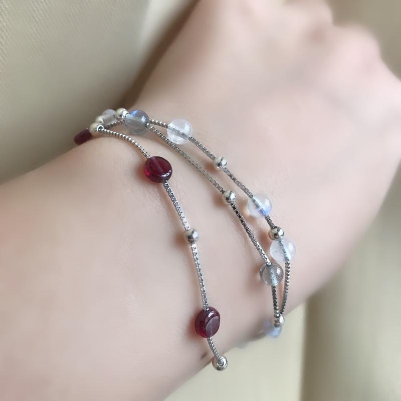 [zoeverglow]月光石 拉長石 石榴石s925純銀手鍊｜日常百搭款-細節圖2