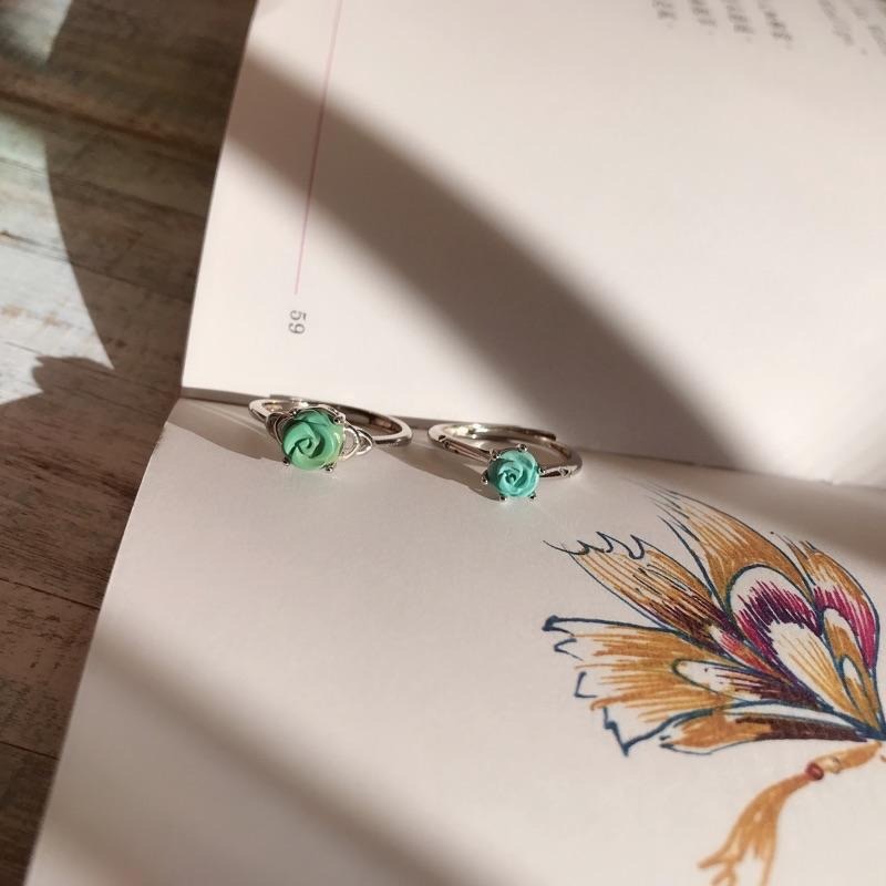 [zoeverglow] 天然綠松石玫瑰花s925純銀戒指｜可調式戒圍 孤品-細節圖3