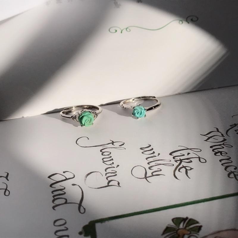 [zoeverglow] 天然綠松石玫瑰花s925純銀戒指｜可調式戒圍 孤品-細節圖5