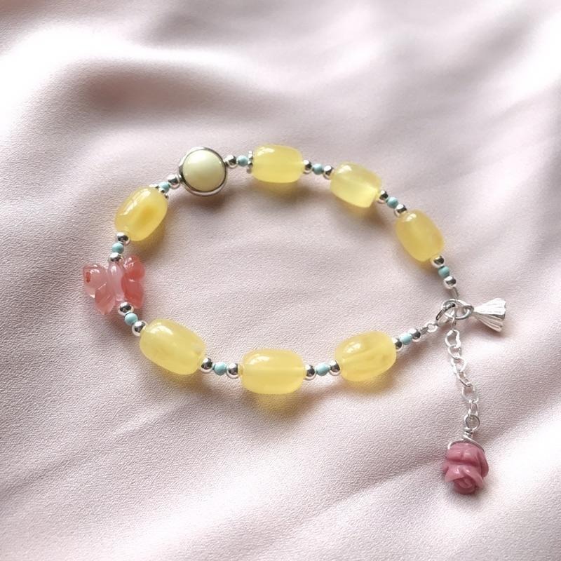 [zoeverglow]< 採蜜 >蜜蠟x南紅瑪瑙x薔薇輝石 s925純銀手鍊|玫瑰花-細節圖2