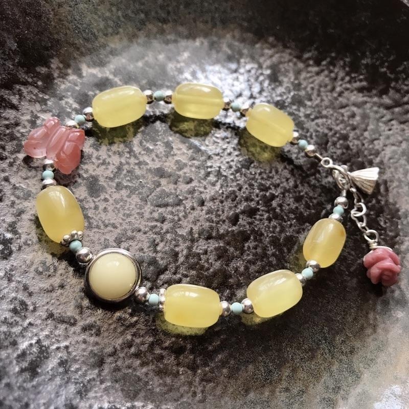 [zoeverglow]< 採蜜 >蜜蠟x南紅瑪瑙x薔薇輝石 s925純銀手鍊|玫瑰花-細節圖6