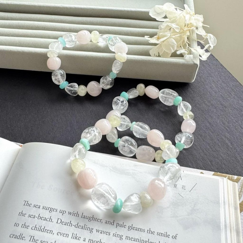 ［zoeverglow] 粉晶x白水晶 x檸檬黃水晶 x天河石 圓滾滾手串｜隨形 心型 細閃｜柔光 能量 明亮 療癒系-細節圖2