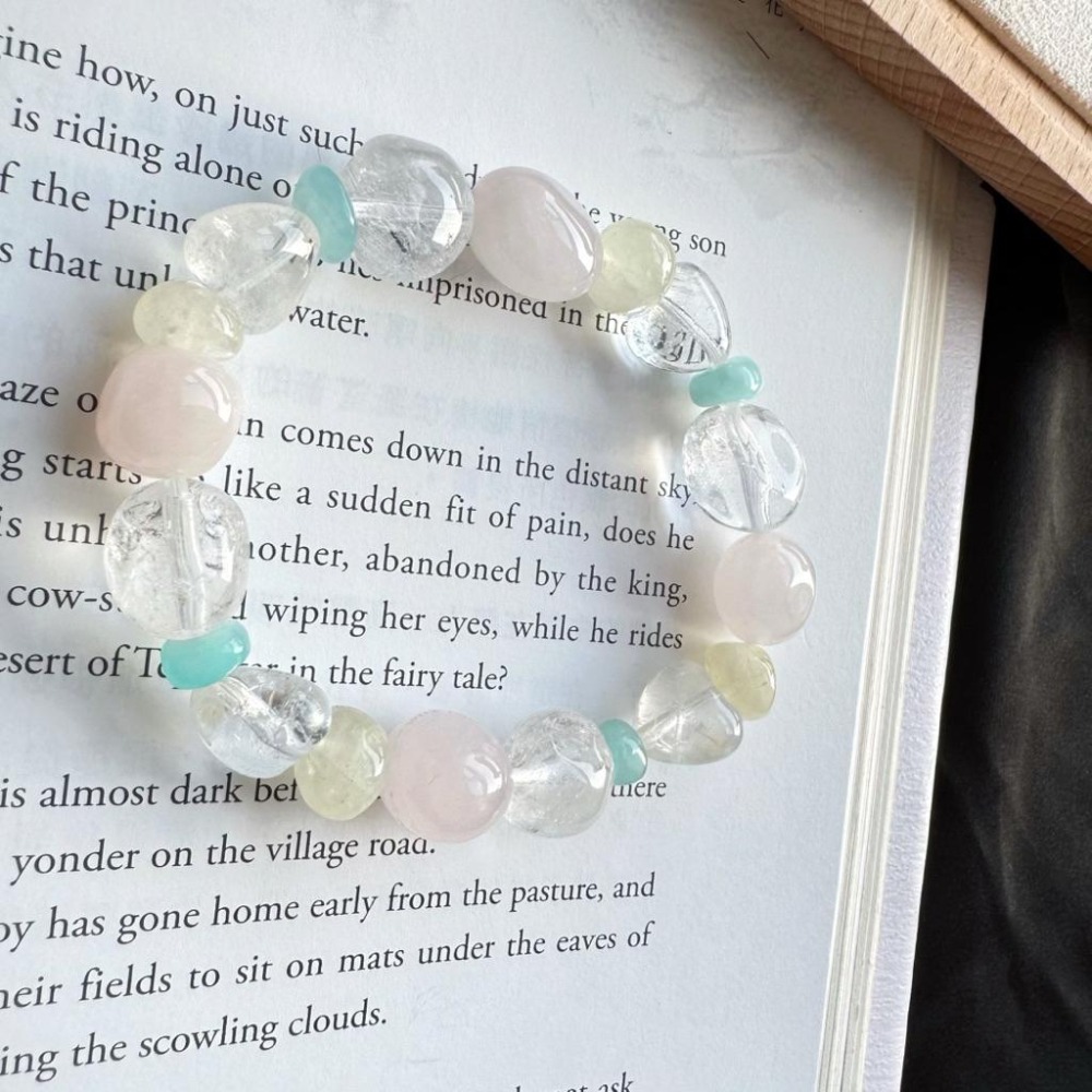 ［zoeverglow] 粉晶x白水晶 x檸檬黃水晶 x天河石 圓滾滾手串｜隨形 心型 細閃｜柔光 能量 明亮 療癒系-細節圖3