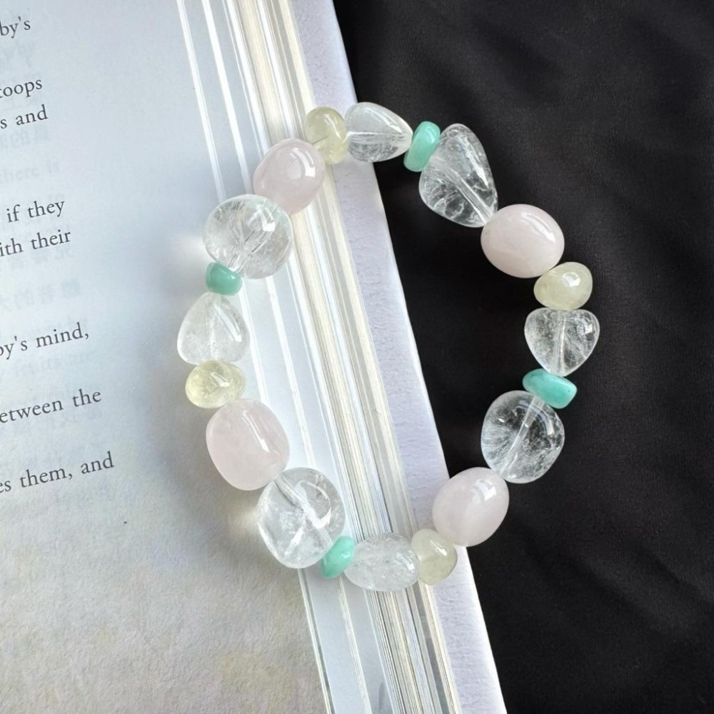 ［zoeverglow] 粉晶x白水晶 x檸檬黃水晶 x天河石 圓滾滾手串｜隨形 心型 細閃｜柔光 能量 明亮 療癒系-細節圖8