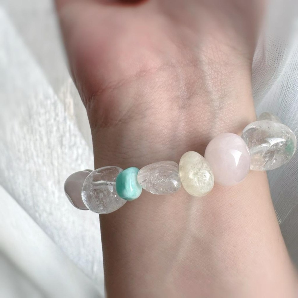 ［zoeverglow] 粉晶x白水晶 x檸檬黃水晶 x天河石 圓滾滾手串｜隨形 心型 細閃｜柔光 能量 明亮 療癒系-細節圖9