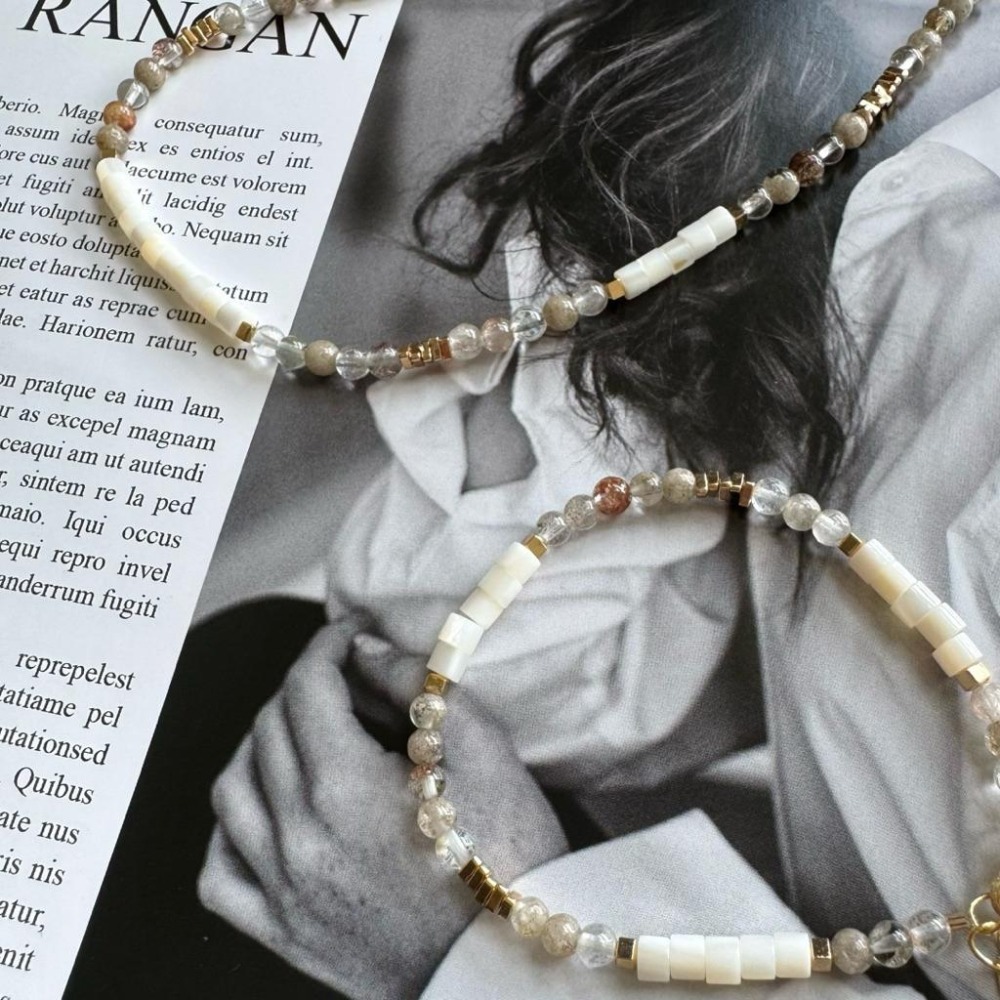 ［zoeverglow] 彩幽靈 × 白母貝 頸鍊+手鍊套組｜文青 自然系｜靜謐 微光 百搭 療癒-細節圖2