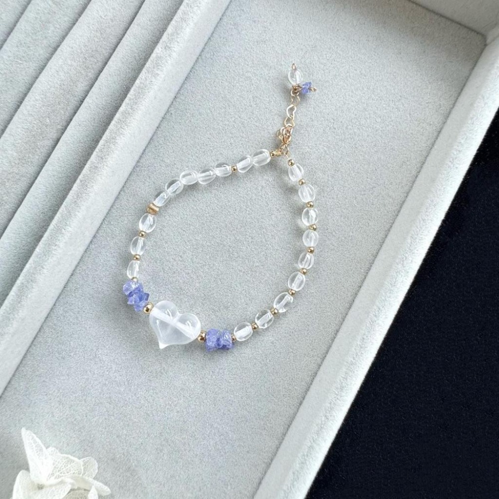 ［zoeverglow] 奶白晶x坦桑石x白水晶14kgf手鍊｜屁桃愛心 白水晶米珠｜靈感 • 勇氣 • 淨化 • 療癒-細節圖6
