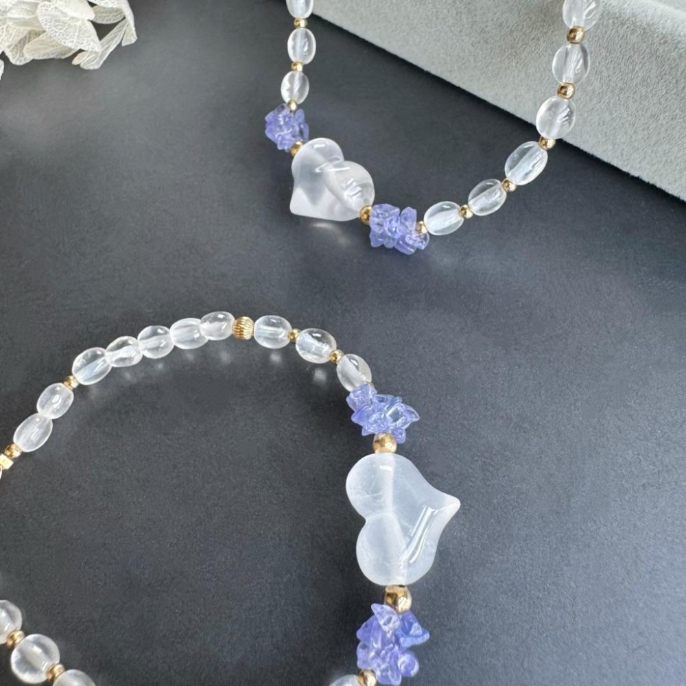［zoeverglow] 奶白晶x坦桑石x白水晶14kgf手鍊｜屁桃愛心 白水晶米珠｜靈感 • 勇氣 • 淨化 • 療癒-細節圖8